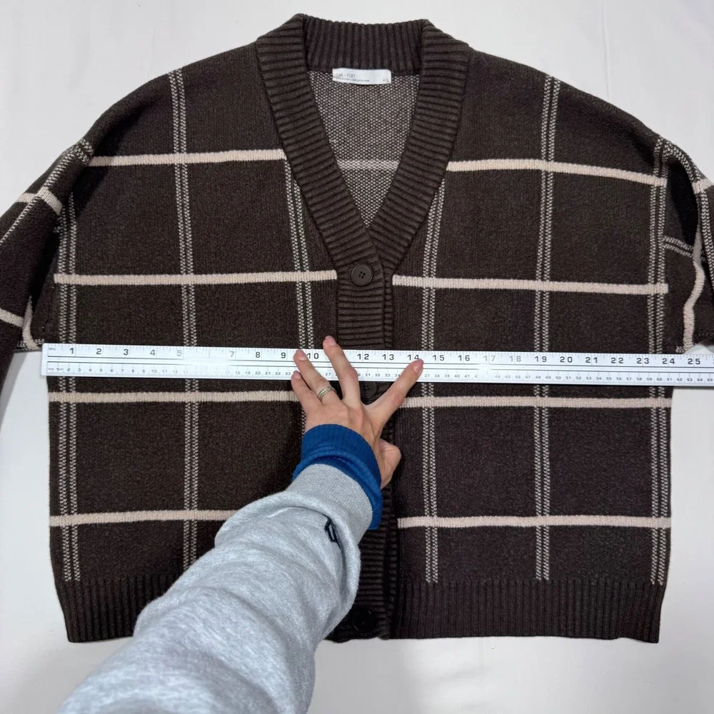 OAK + FORT Plaid Cardigan Brown Oversized M Dark Academia Minimalist Fall Office - Picture 8 of 10